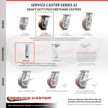 Service Caster 5 Inch Polyurethane Caster Brakes/Swivel Locks and 2 Rigid, 2PK SCC-35S520-PPUR-SLB-BSL-2-R-2